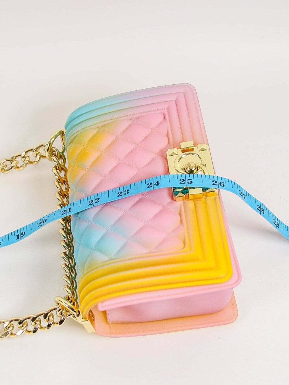 Pastel Rainbow Jelly Crossbody Bag Gold Chain Strap Quilted Candy Color Purse - Picture 8 of 8